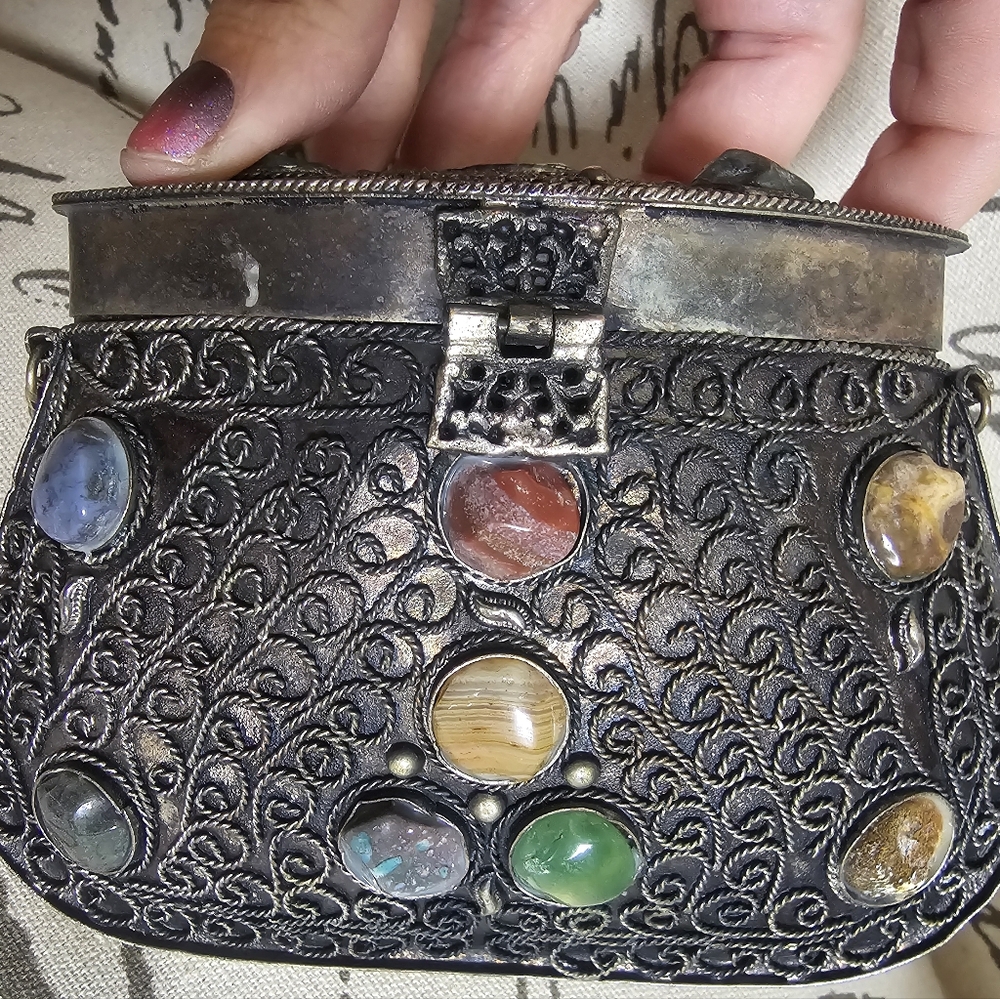 Embellished Filigree Metal Crossbody Bag with Gem Accents - Silver - Picture 3 of 9